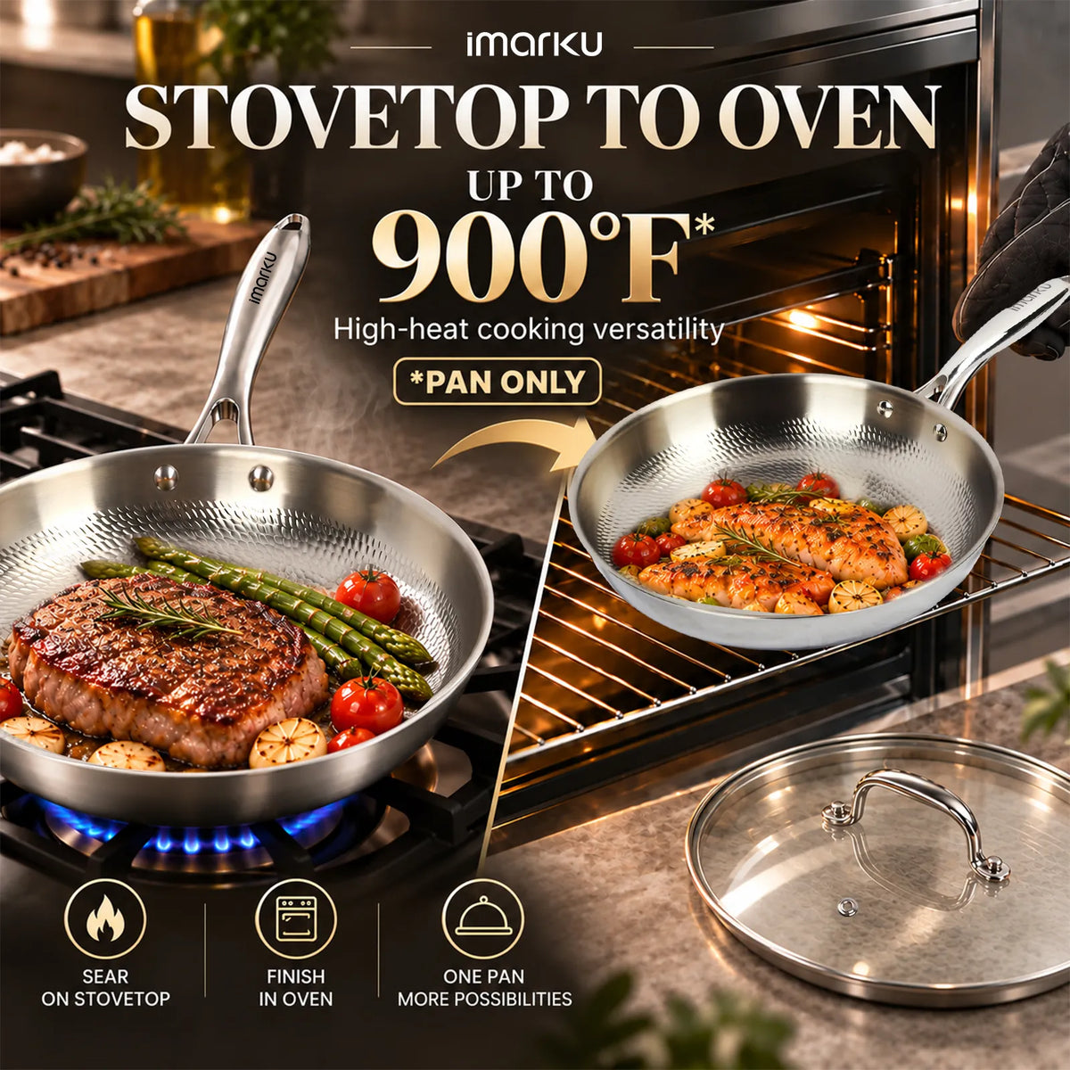 3 PC Titanium Nonstick Tri-Ply Frying Pan with Lids, 8, 10 & 12 Inch