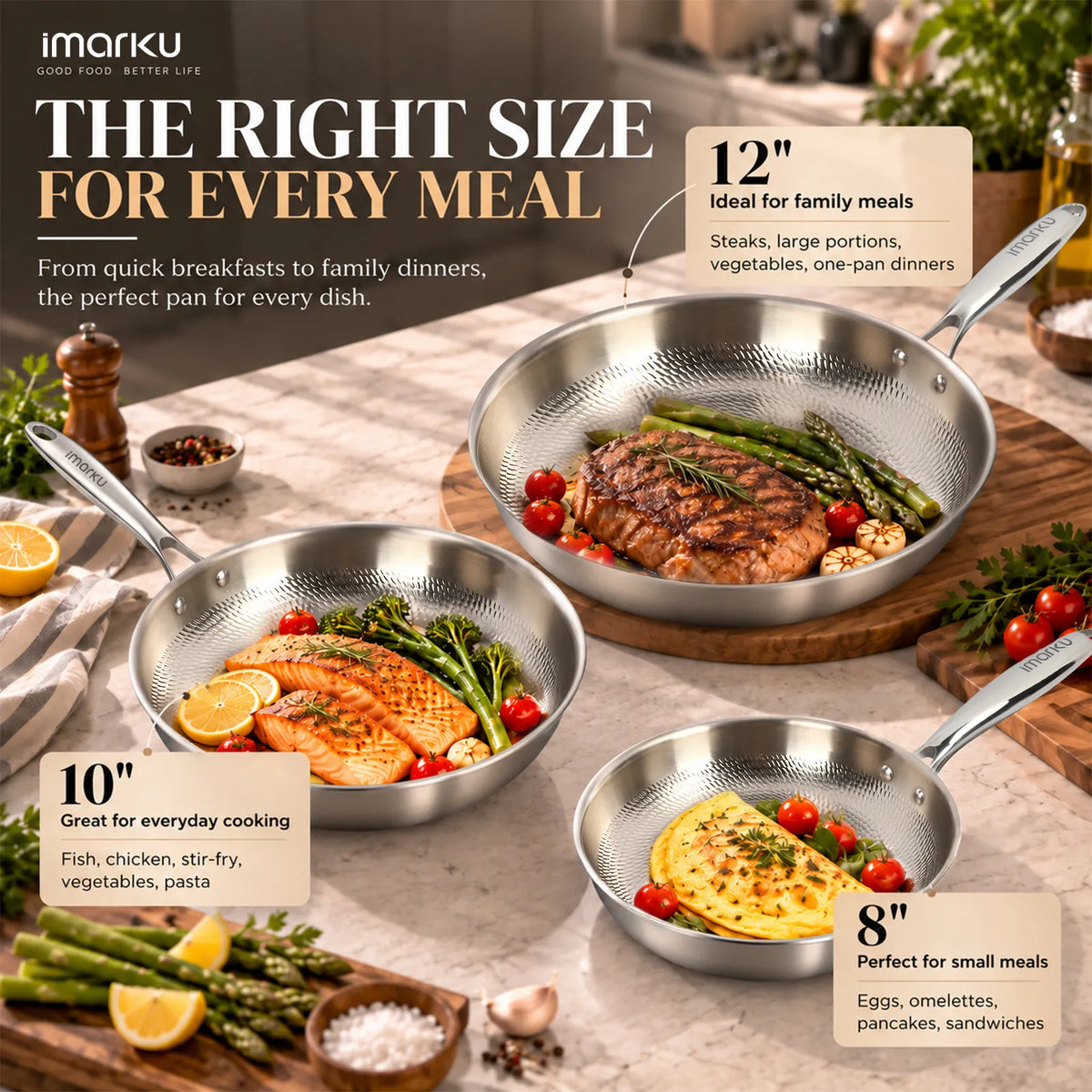 3 PC Titanium Nonstick Tri-Ply Frying Pan with Lids, 8, 10 & 12 Inch