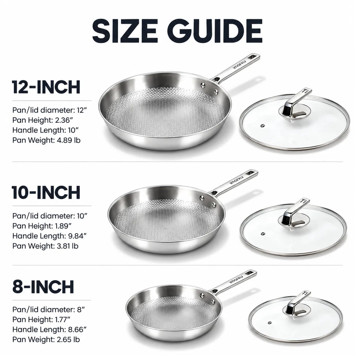 Imarku Titanium Nonstick Frying Pans with Lids | 8", 10", 12"