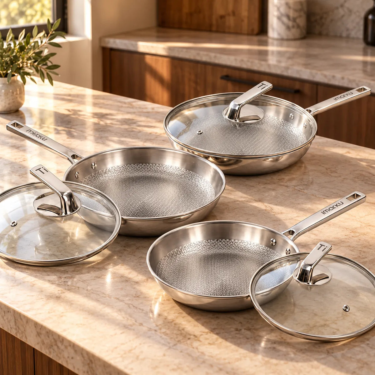 Imarku Titanium Nonstick Frying Pans with Lids | 8", 10", 12"