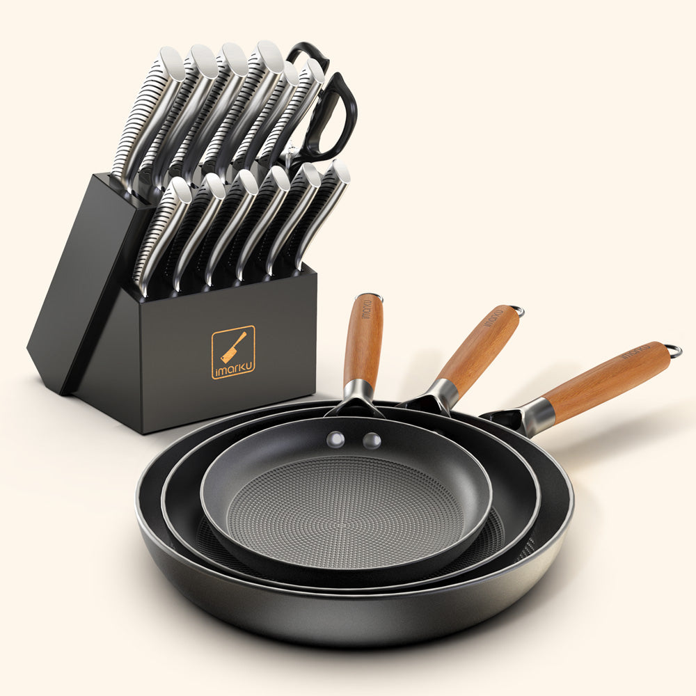 3PCs Cast Iron Fry Pan Set & 14 PCs Knife Set Bundle