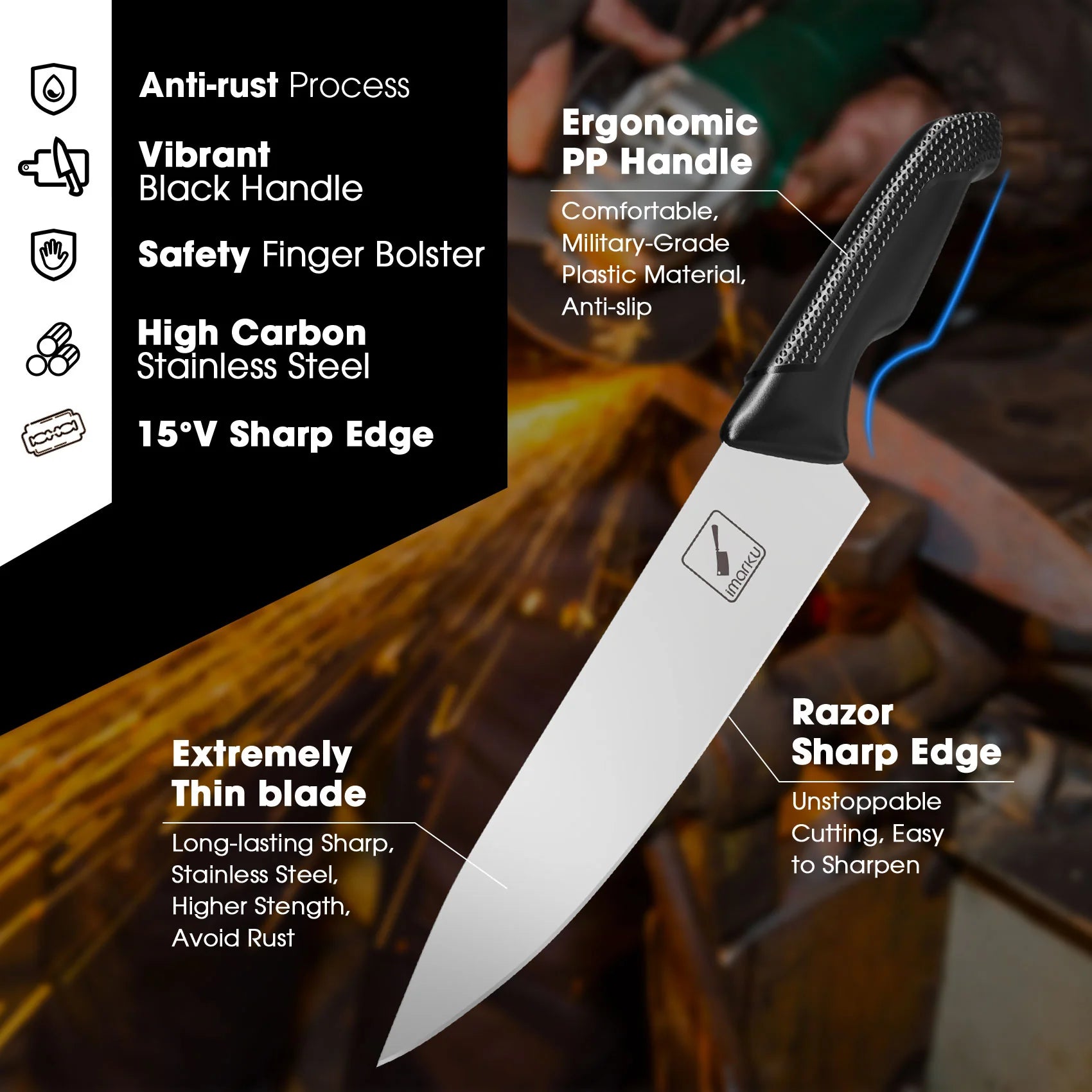 carbon steel knife with black pp handle