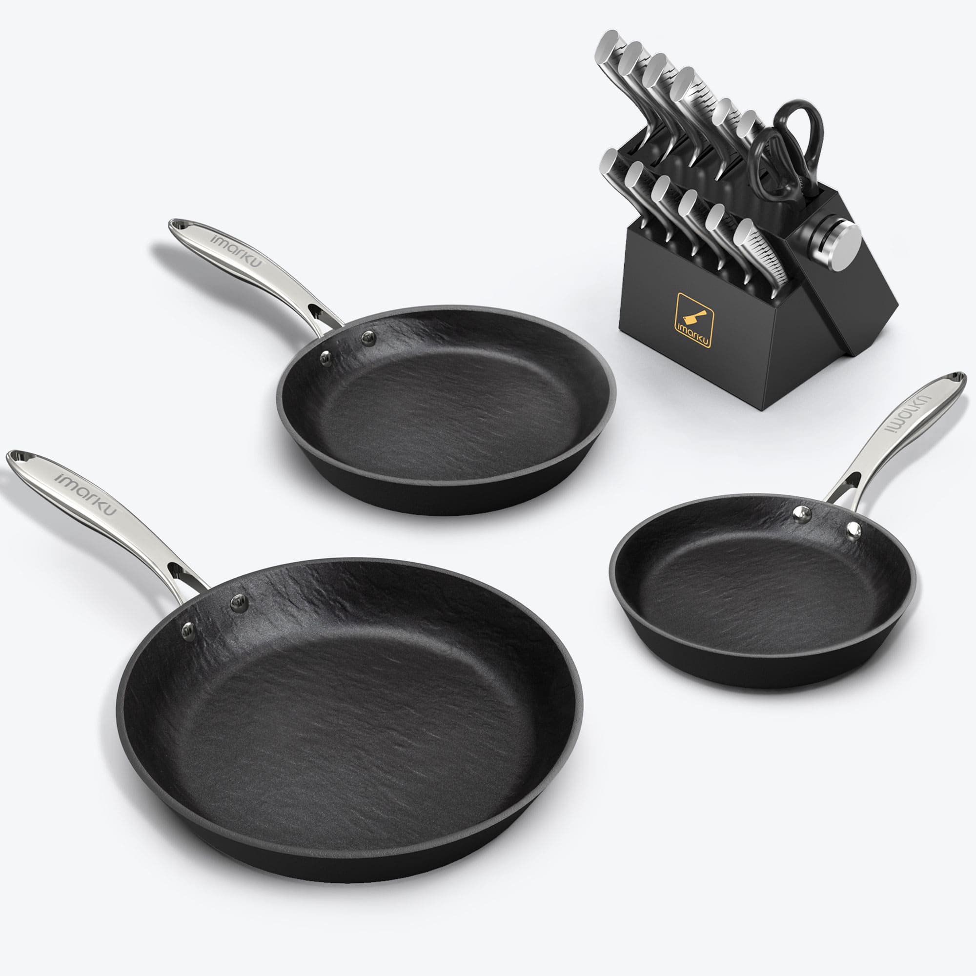 cast iron nonstick frying pan and black knife set with lighting pattern