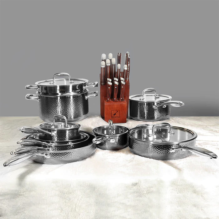 Hammered Premium Stainless Steel Cookware Set and Knife Set Design Bundle