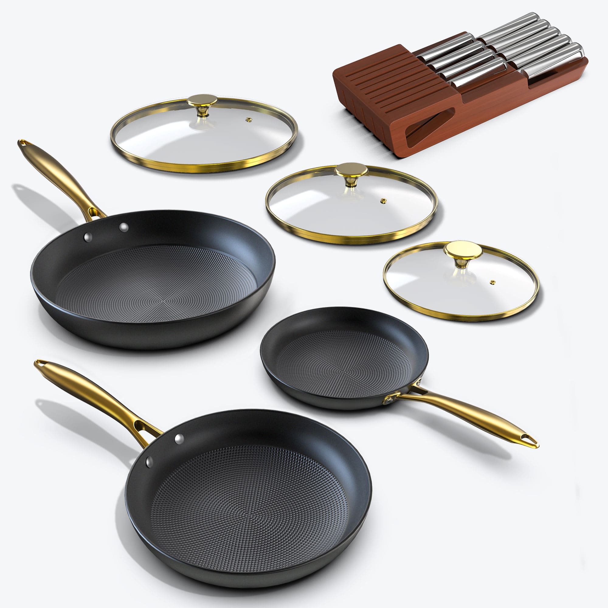 three-piece gold handle pans with lids and a drawer knife set