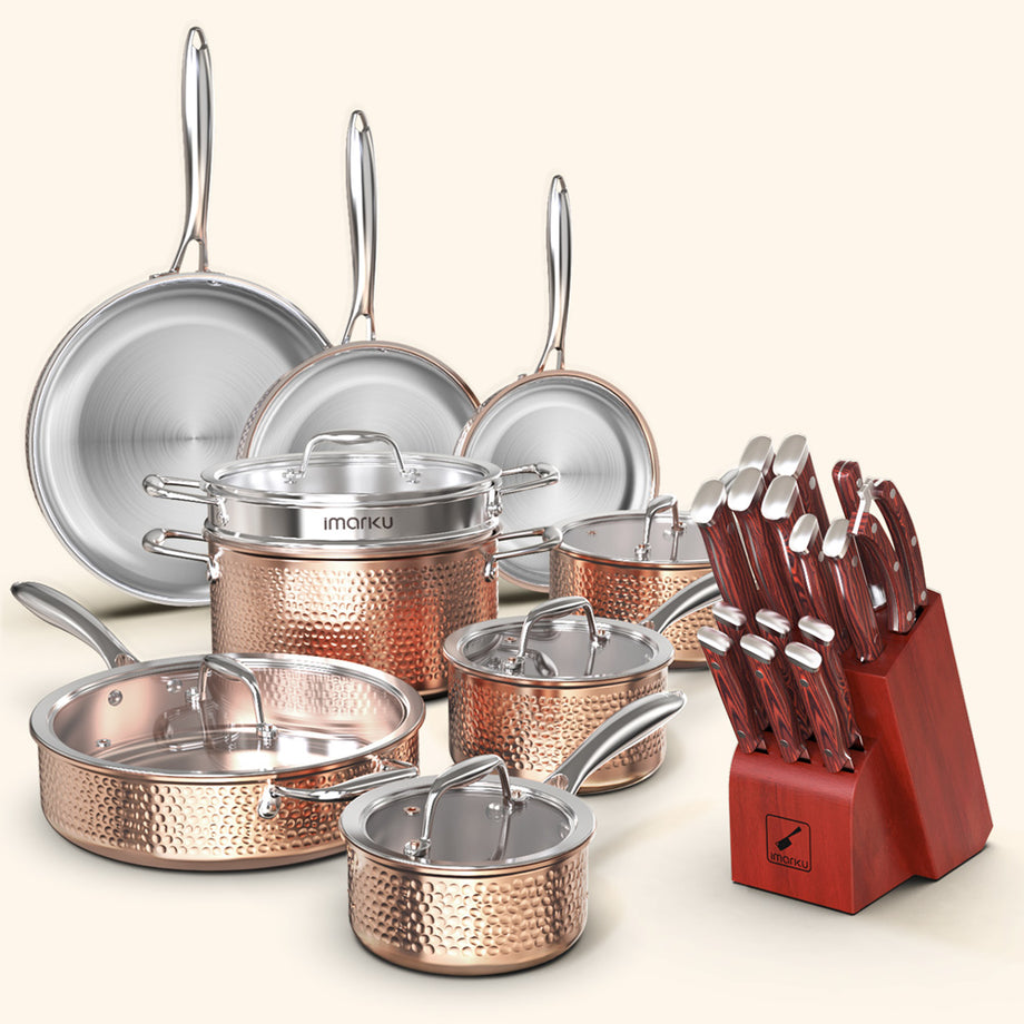 Imarku - This is an incredible 14 piece set. The stainless steel is very  smooth on the inside and has a hammered design on the outside. The handles  stay pretty cool on