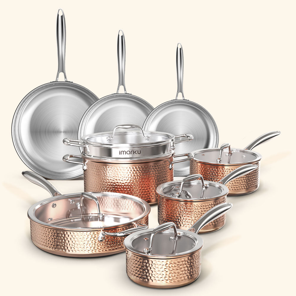 imarku Stainless Steel Pots and Pans Set, 10-Piece Tri-Ply Hammered  Stainless Steel Cookware Set with Gold Handle, Professional Induction  Kitchen