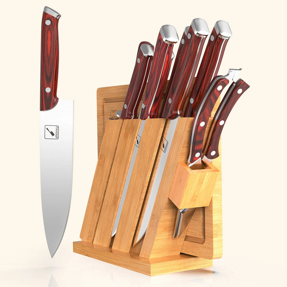 Imarku - 10 Piece Kitchen Knife Set with Block & Cutting Board