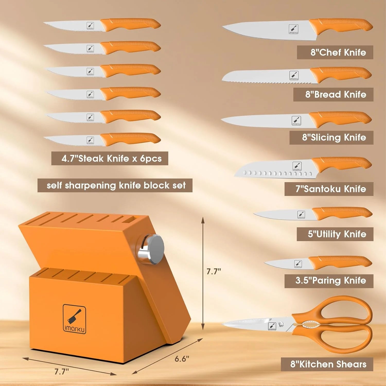 Imarku Orange Knife Set with Stainless Steel Blades PP Handles