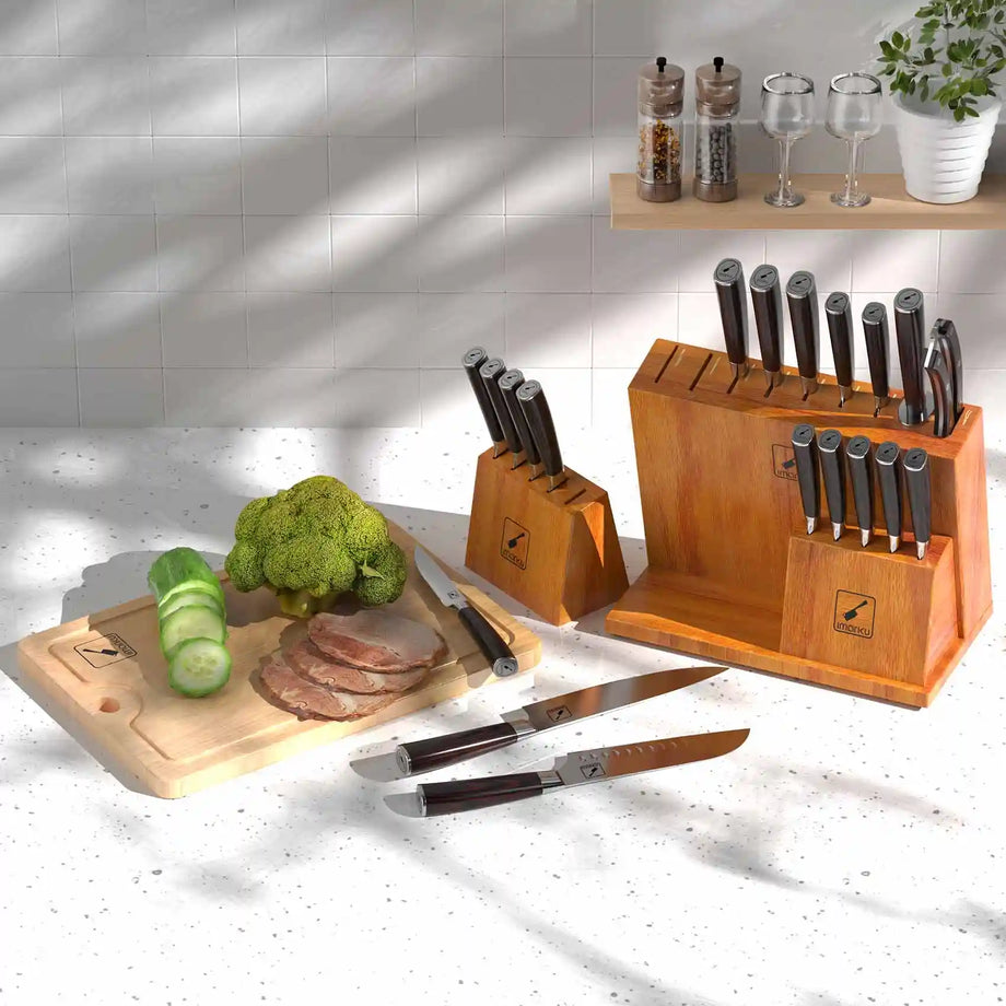 imarku | 11-Piece Knife Set Professional Japanese Kitchen Knife Set with Block Sharpener Cutting Board and Cleaver Knife, Brown
