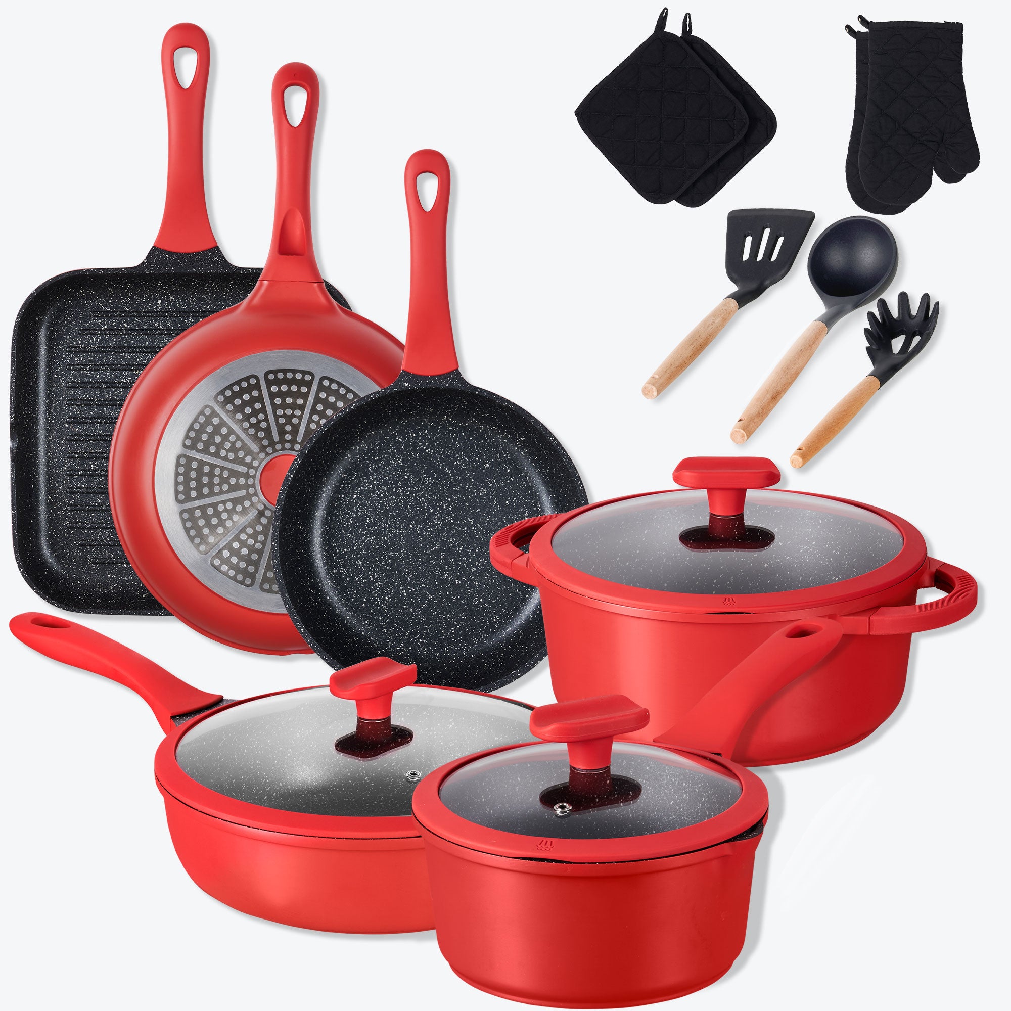 imarku best 16 pcs red nonstick cookware set