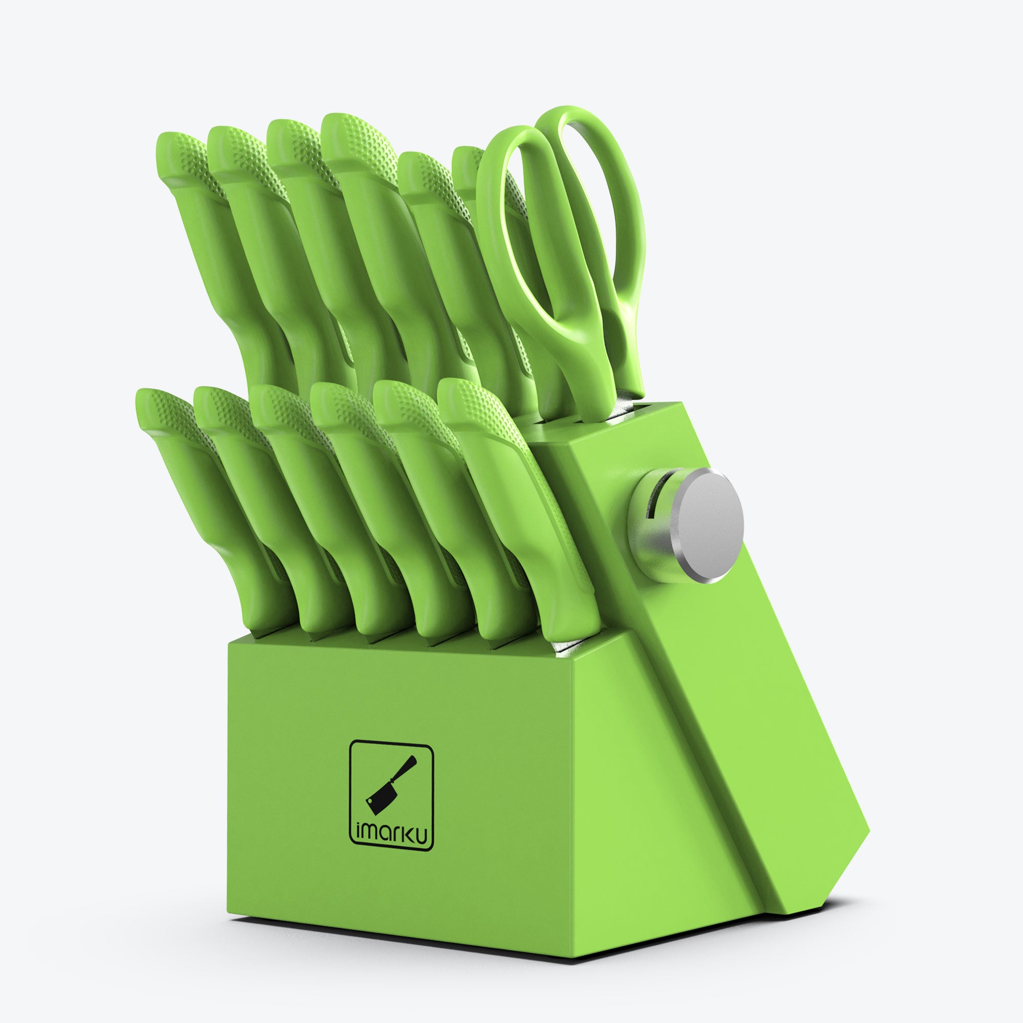 imarku 14pc green knife block set with pp handle and sharpener