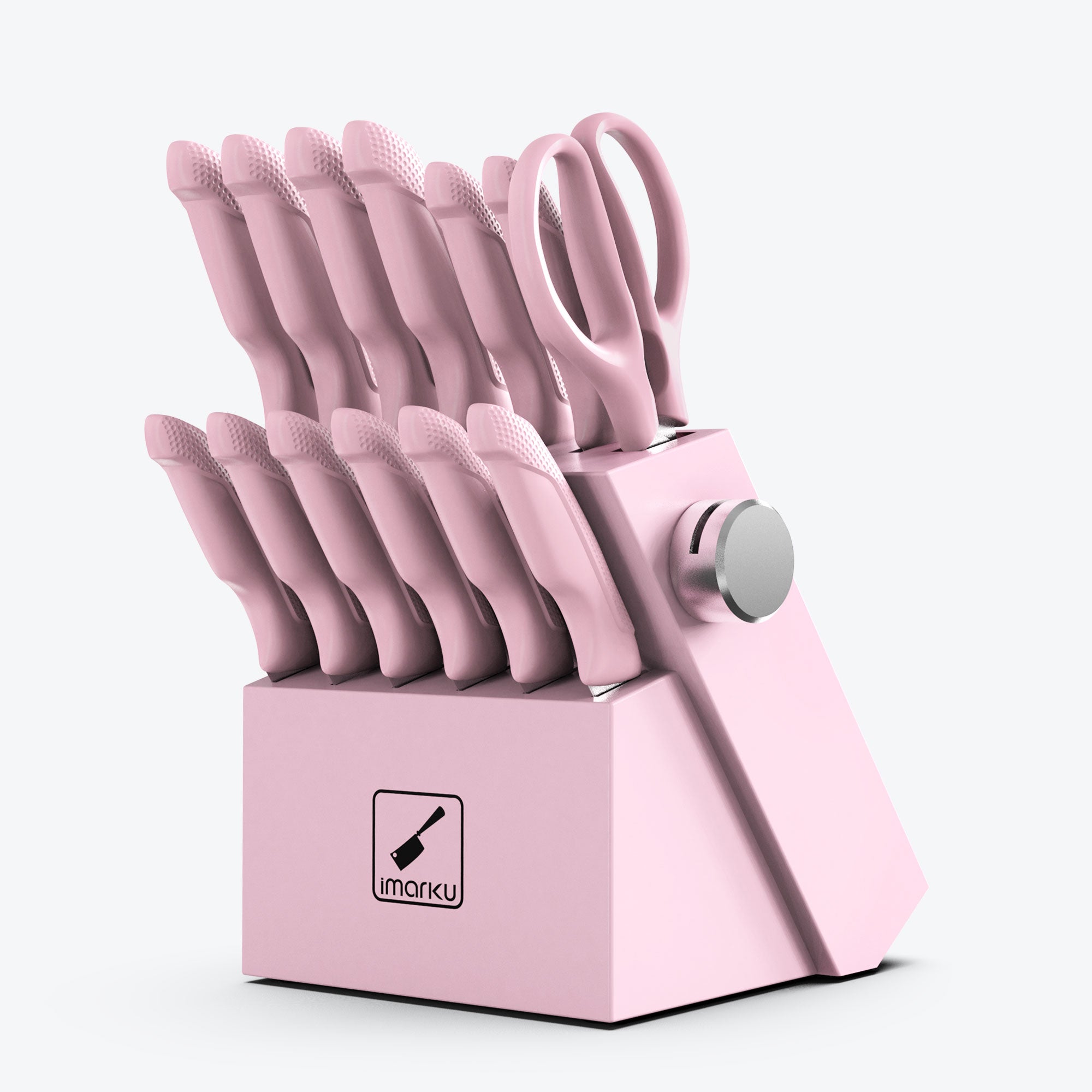 imarku 14pc pink knife block set with pp handle and sharpener