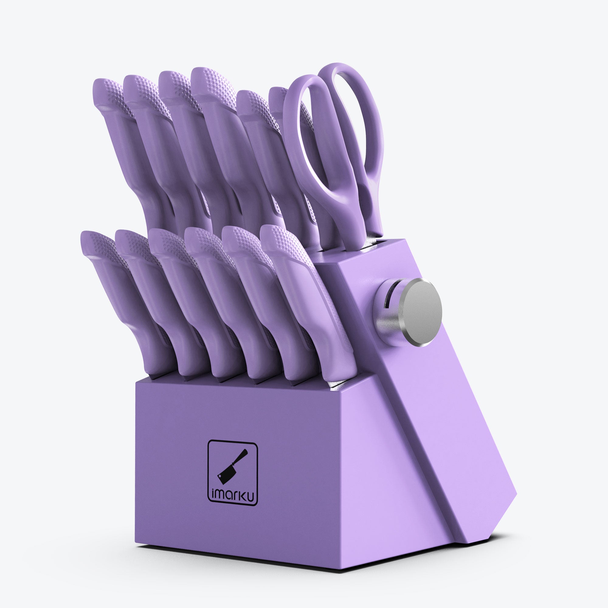 imarku 14pc purple knife block set with pp handle and sharpener