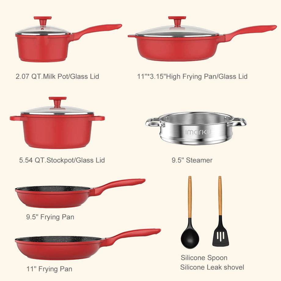 Best Cookware Sets 2023  16-piece Nonstick Red Pots and Pans set - IMARKU