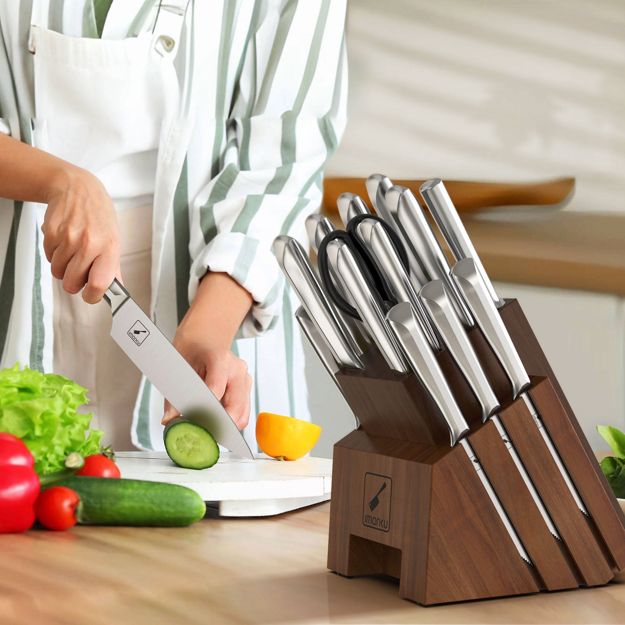 NonStick Frying Pan with Silver Handle and Japanese Knife Set Bundle - IMARKU