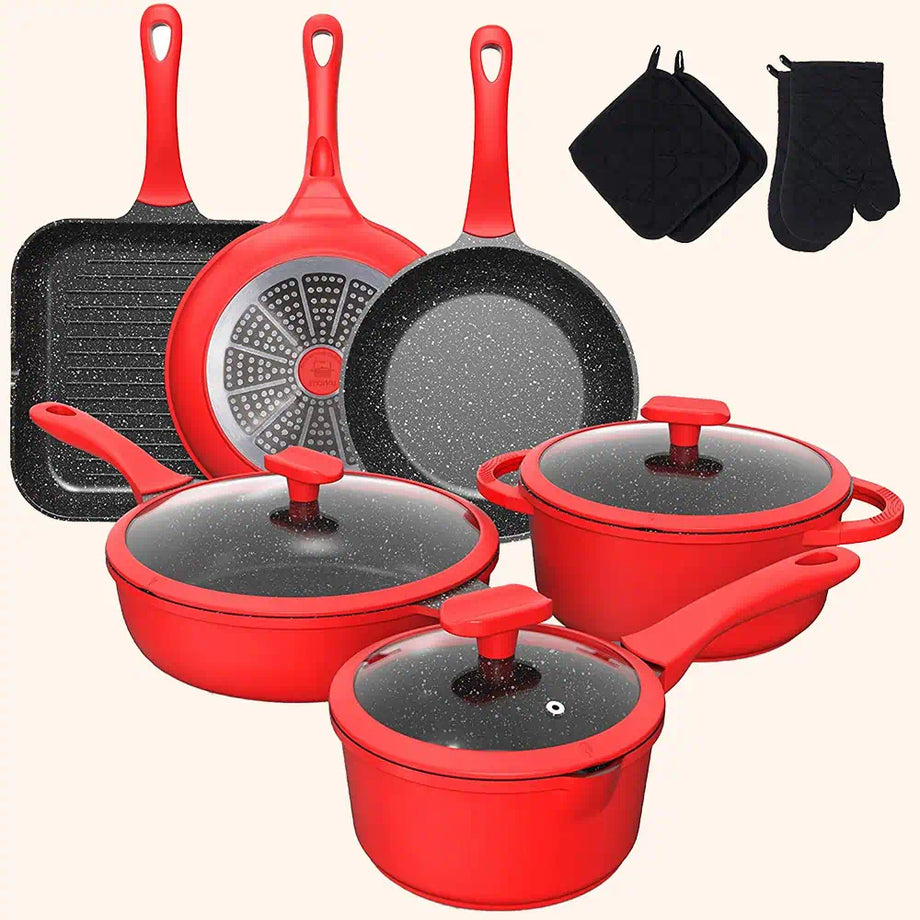 Best Cookware Sets 2023 16 piece Nonstick Red Pots and Pans set