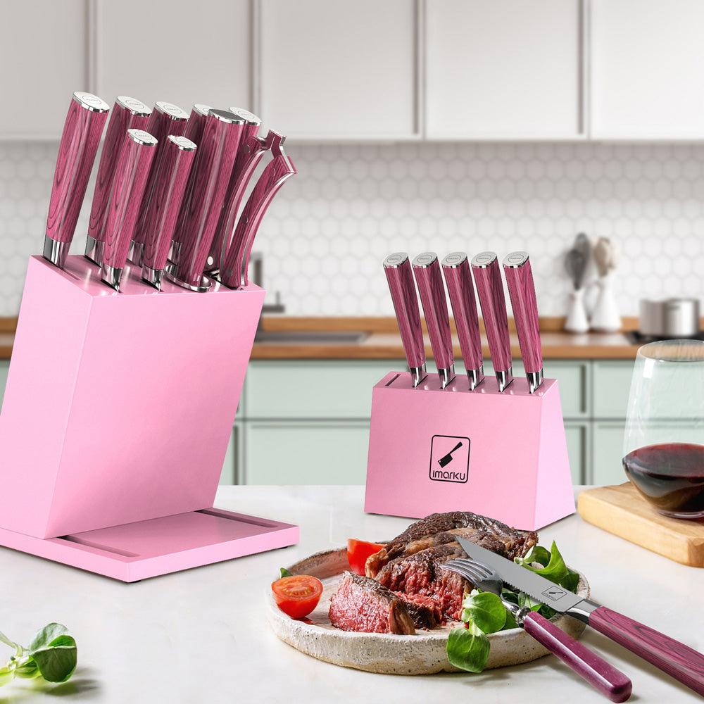 16-Piece Japanese Knife Set with Removable Block - Pink - IMARKU in 2023