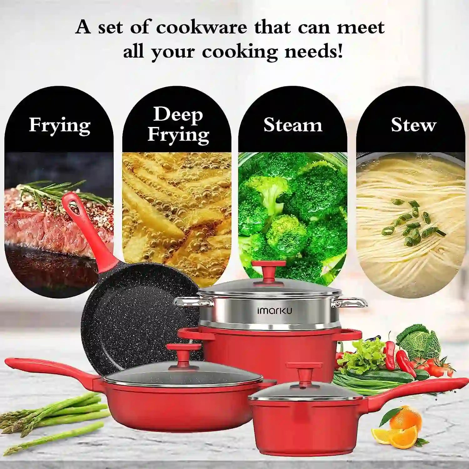 imarku PFOA Free Pots and Pans Set with Granite Coating, Nonstick 16  Pieces, Kitchen Cookware Set Suitable for All Cooktop,Cooking, Gift  Cookware, Red [Video] [Video]