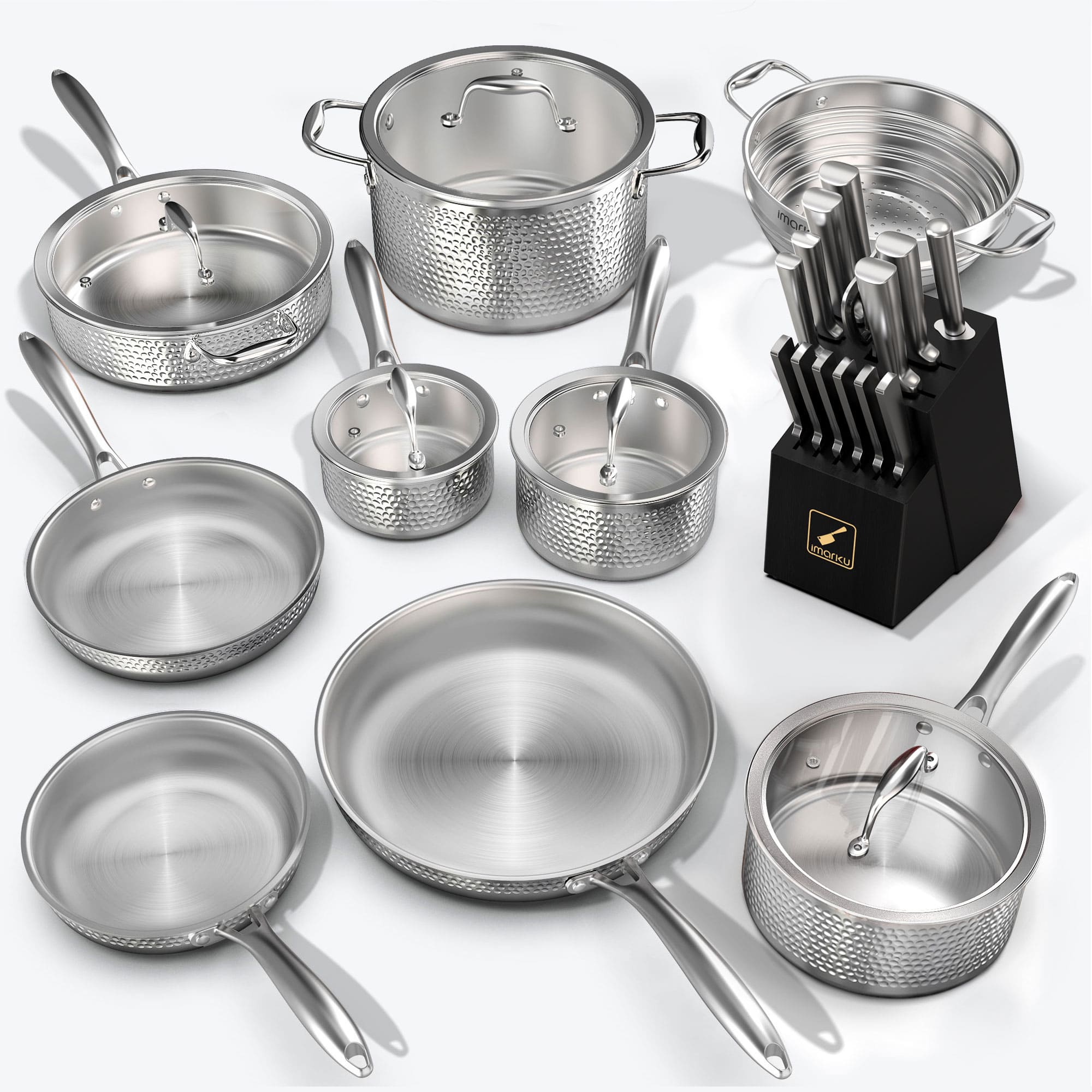 Hammered Stainless Steel Cookware Set & 15-Piece Knife Set Bundle