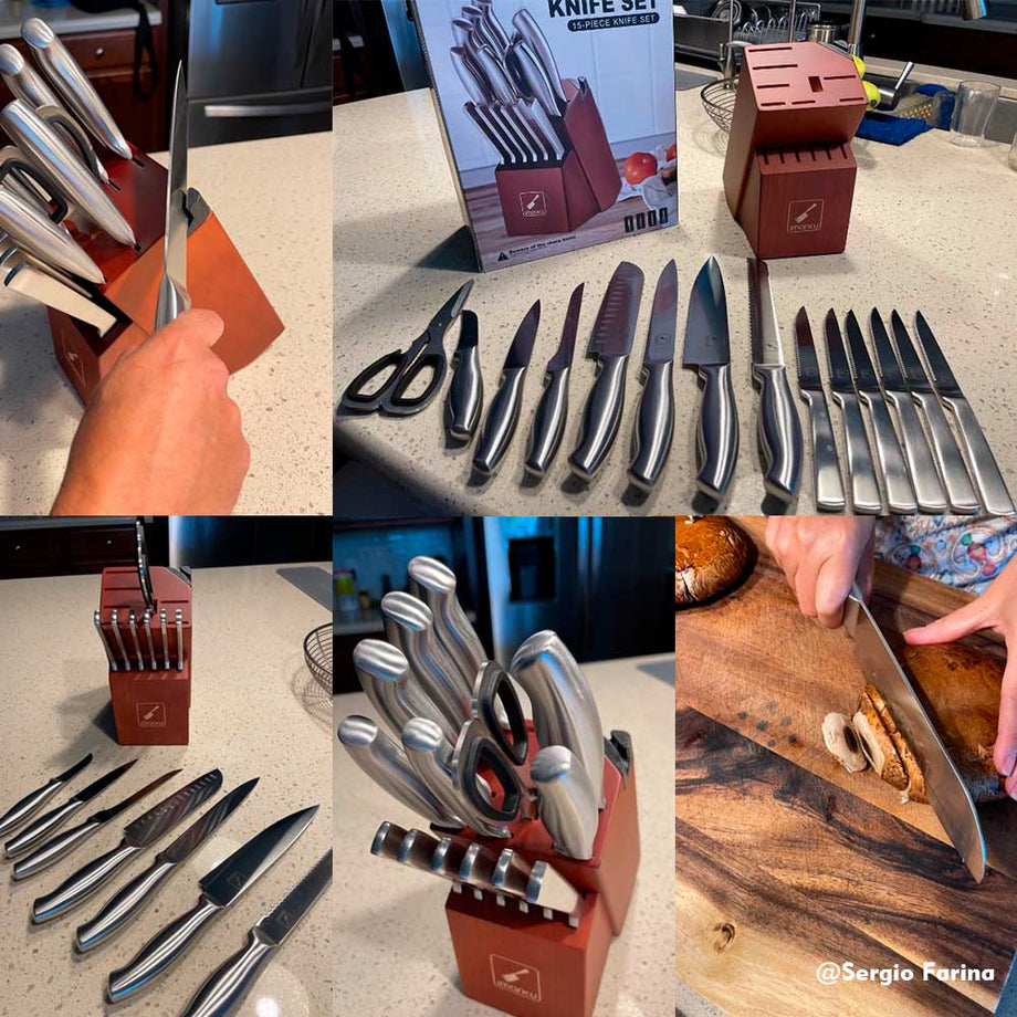  Knife Set, Karcu Kitchen Knife Set with Block, 15-Piece German  High Carbon Steel with Acrylic Handle, Rotating Acacia Block: Home & Kitchen