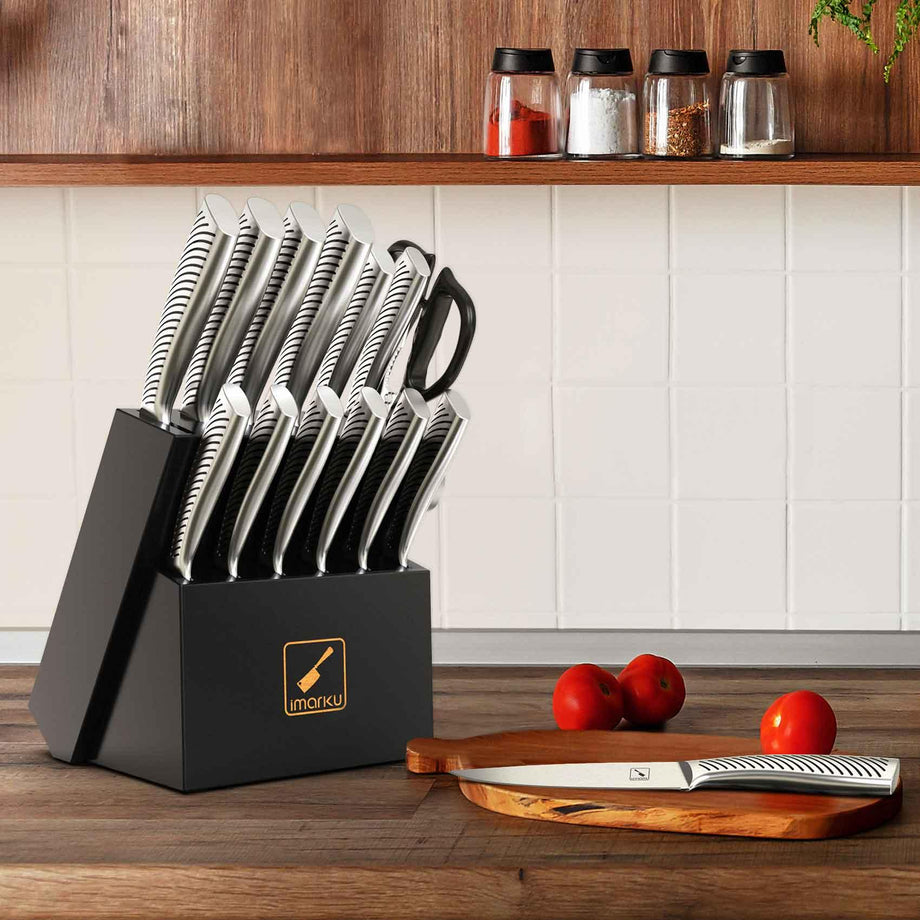 Set - imarku Kitchen Knife Set 15 Piece Japanese Stainless Steel Knife  Block Set with Sharpener - Dishwasher Safe Kitchen Knives