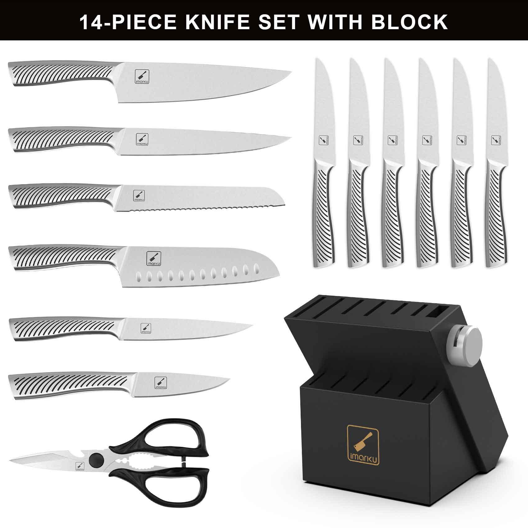 Kitchen Knife Sets with Block, 14 Pieces High Carbon Stainless Steel Chef  Knife Set, Steak Knives Set of 6, Full Tang Handle, Dishwasher Safe, Matte