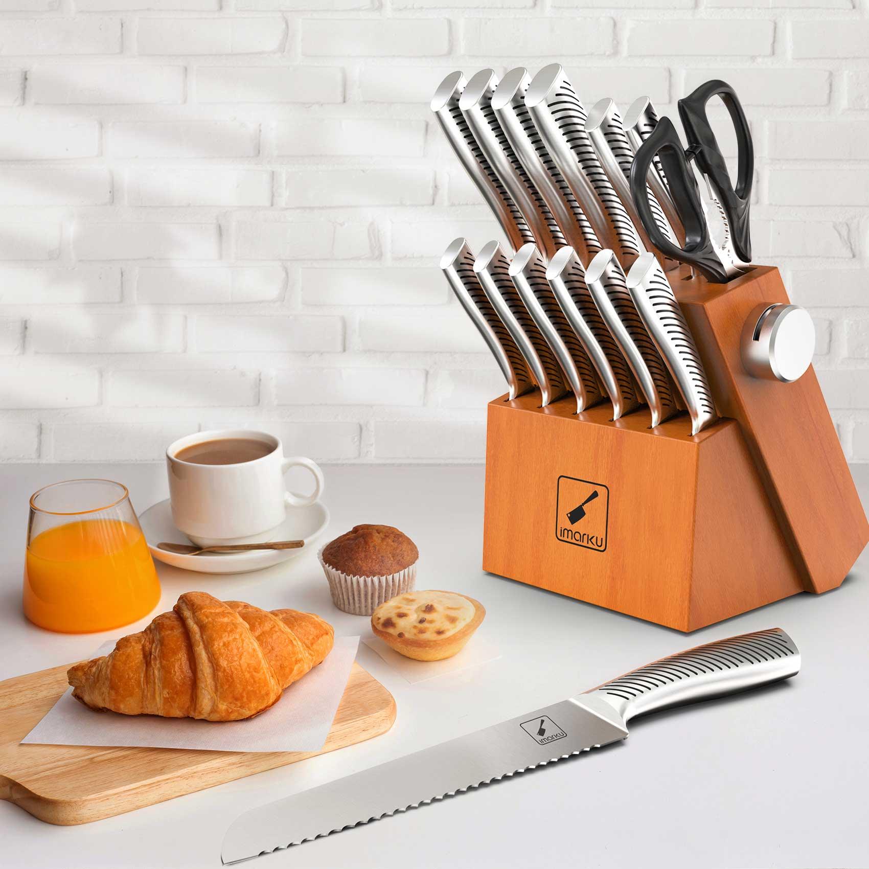 3PCs Cast Iron Fry Pan Set with Golden Glass Lids & 14 PCs Knife Set Bundle - IMARKU