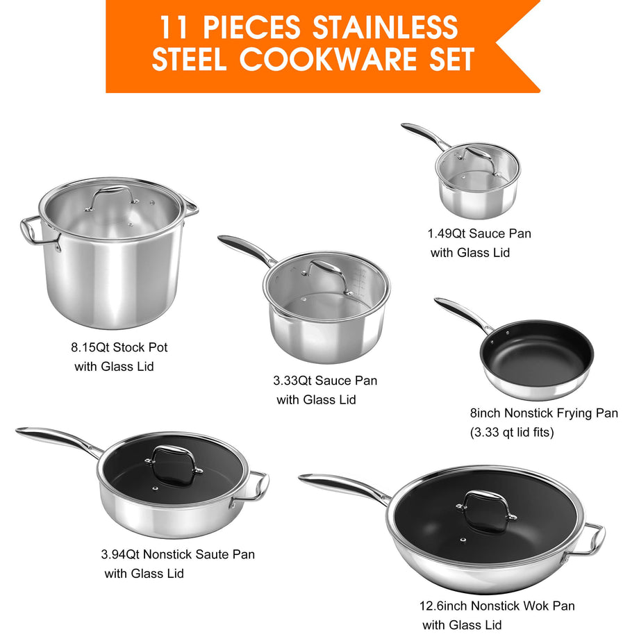 Imarku 11 Piece Stainless Steel Nonstick Tri-Ply Cookware Set Pots and Pans