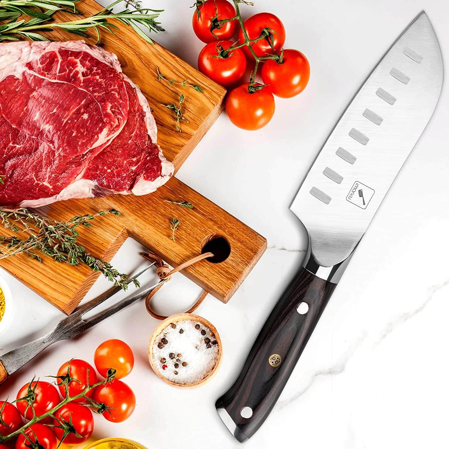 thumbnail interactive-video image 1 of Norpro 5.5-Inch Santoku Knife - Stainless Steel Japanese-style Chef Knife With Hollow Ground Blade 1 of 2